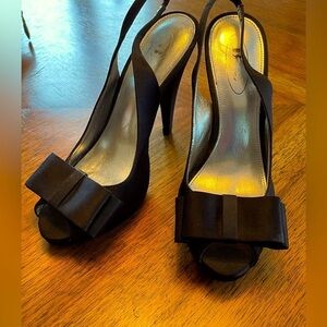 Nina Elegant Black Bow Peep Toe Satin High Heel Slingback Shoes 7.5M